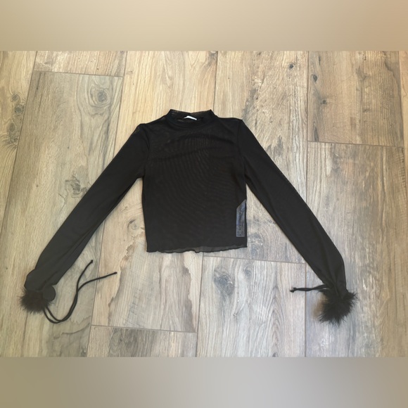 Bershka mesh black long sleeve top with black fur on sleeves - Picture 1 of 3